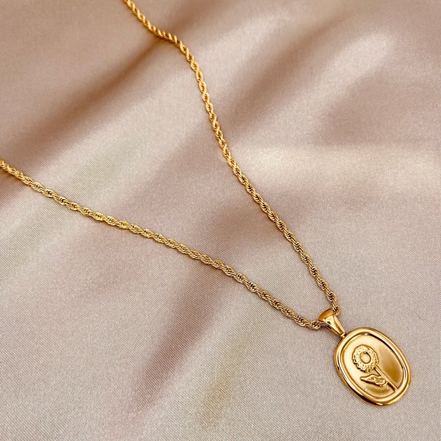 Golden Sunflower Necklace - Luzy JewelryNecklacesLuzy Jewelry18k_gold_oval_coin_pendant_sunflower_on_rope_chainfine jewelryflowergold2