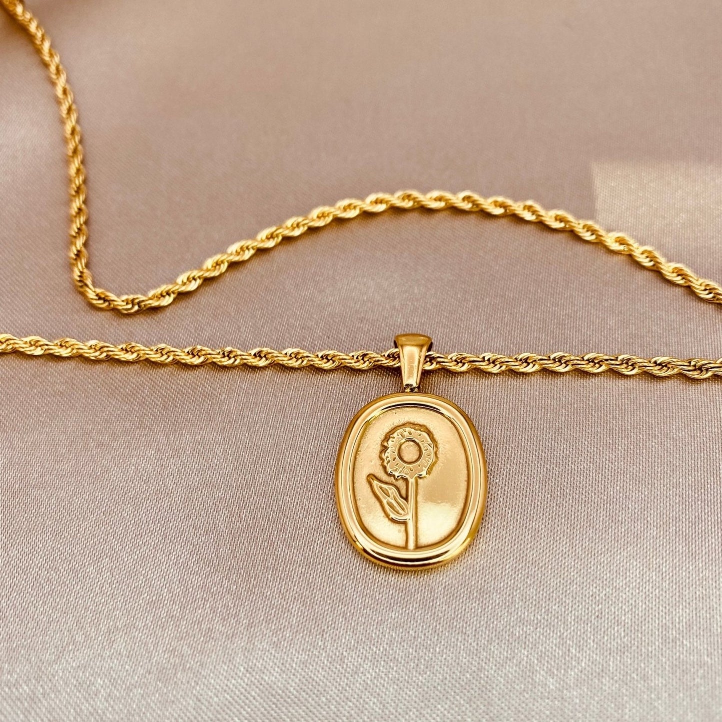 Golden Sunflower Necklace - Luzy JewelryNecklacesLuzy Jewelry18k_gold_oval_coin_pendant_sunflower_on_rope_chainfine jewelryflowergold1