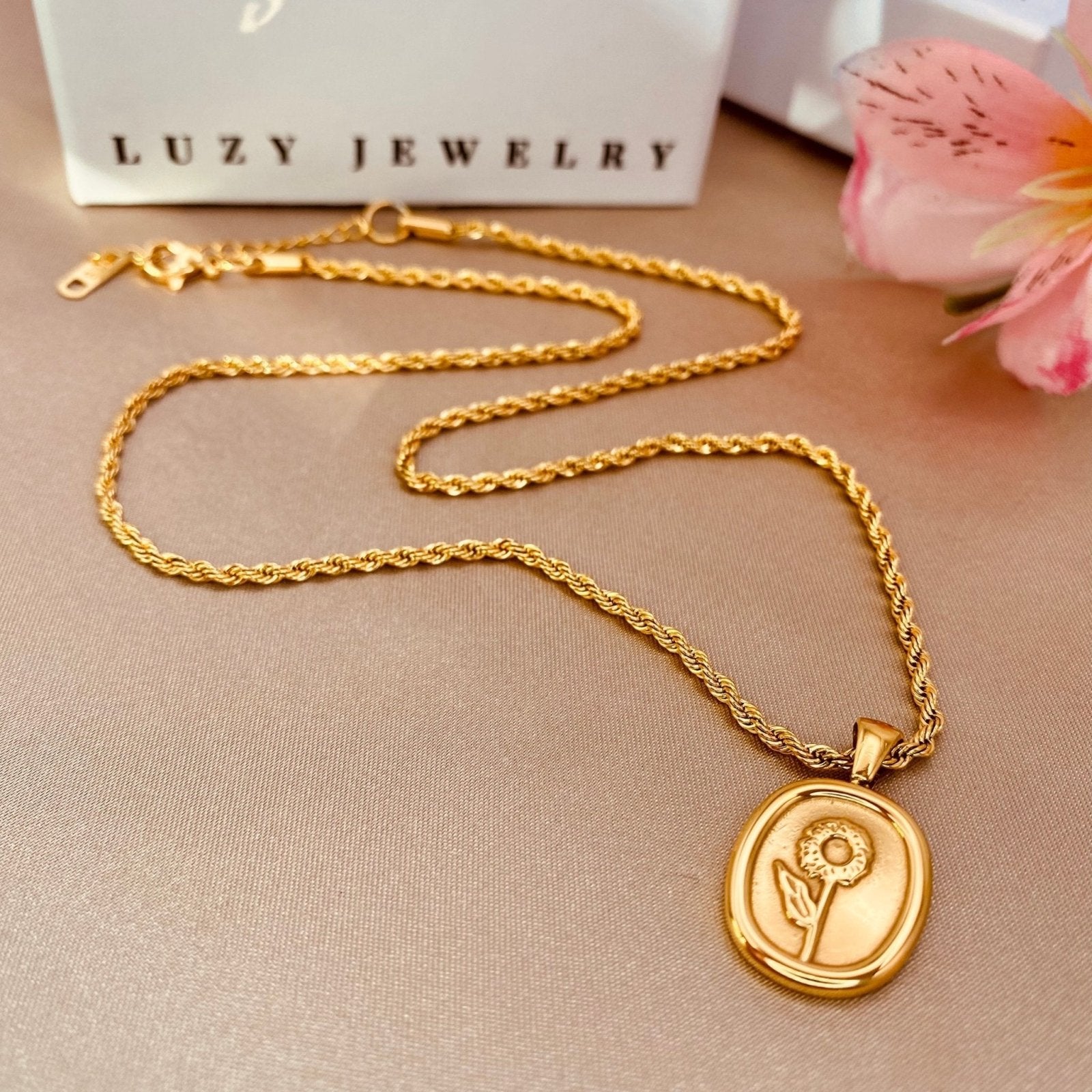 Golden Sunflower Necklace - Luzy JewelryNecklacesLuzy Jewelry18k_gold_oval_coin_pendant_sunflower_on_rope_chainfine jewelryflowergold4