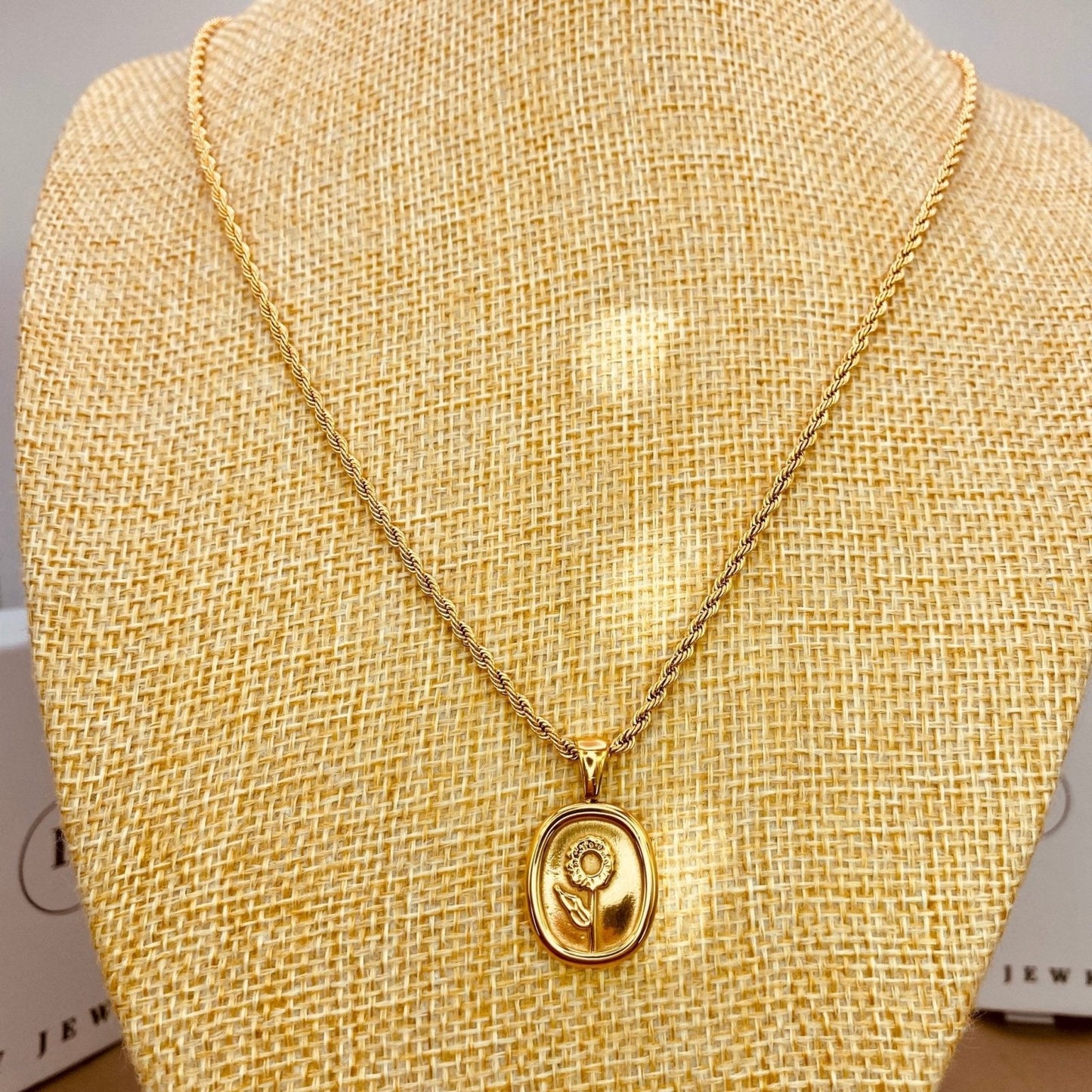 Golden Sunflower Necklace - Luzy JewelryNecklacesLuzy Jewelry18k_gold_oval_coin_pendant_sunflower_on_rope_chainfine jewelryflowergold3